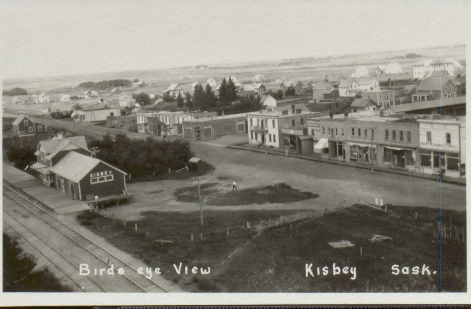 Bird's eye view of Kisbey with the railway station and main street