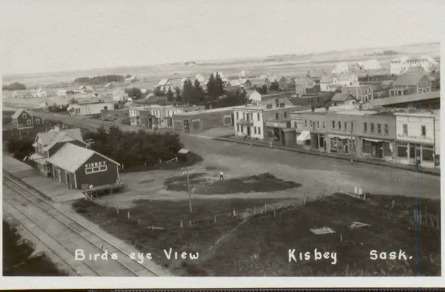 Bird's eye view of Kisbey with the railway station and main street